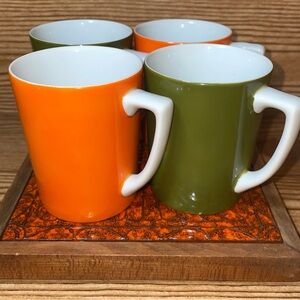 Vintage Lot-4 Small Mugs (4”) and Tile with Wood Trivet Avocado Green and Orange